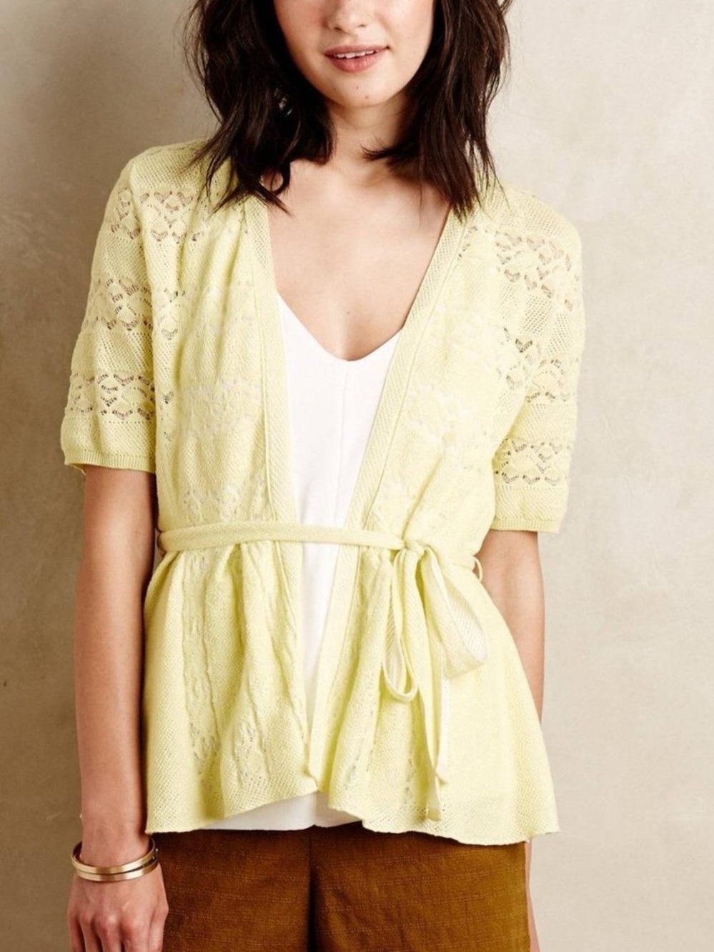 Anthropologie Knitted & Knotted Yellow Lace Pointelle Cardigan Size M (NO BELT)